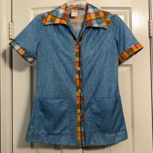 White Swan Vintage Blouse Size Small Women's Oversize Collar Blue